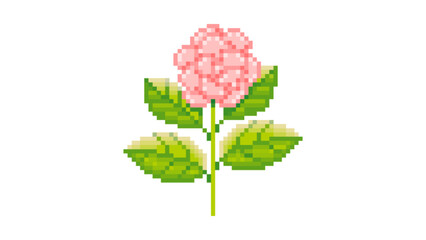 Pink Flower with Green Leaves Pixel Art Illustration