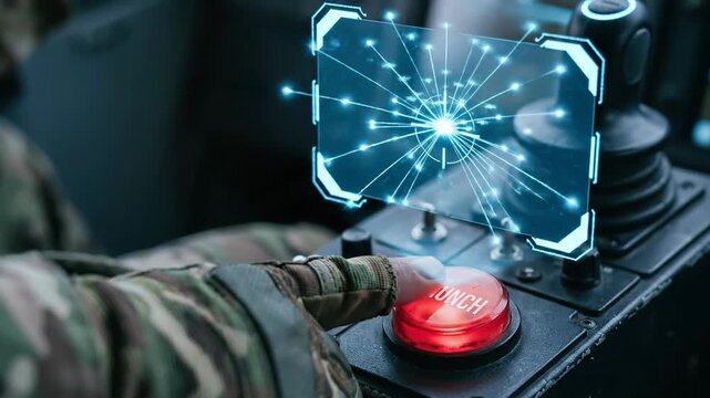 Ai warfare military autonomous drone swarm control hologram interface urgent launch button press in armored combat cockpit with digital target panel and red launch control interface