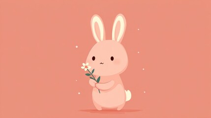 Fototapeta premium Pink bunny holding a white flower on a peachy background. Cute cartoon animal illustration for kid design. Sweet simple art.