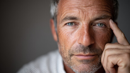 Fototapeta premium Thoughtful Mature Man with Finger on Temple in Deep Contemplation