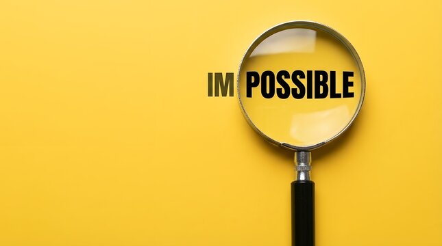 Magnifying glass reveals IM POSSIBLE is actually I'M POSSIBLE on a vibrant yellow surface representing change and opportunity impossible search find discover hope motivation