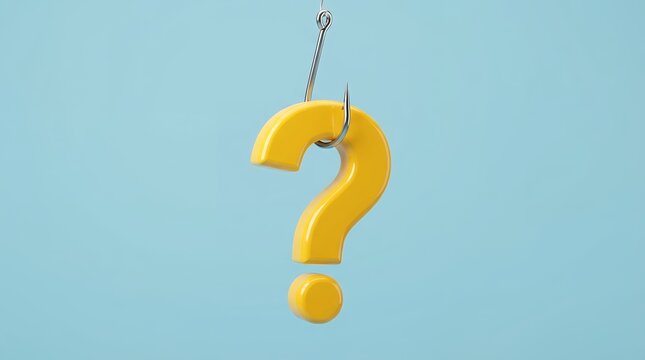 A yellow question mark symbol is impaled on a fishing hook suspended against a solid light blue backdrop in this conceptual image curiosity inquiry doubt confusion mystery