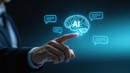 Naklejka premium Futuristic artificial intelligence brain hologram interface touched by businessman,AI chatbot and smart communication concept,advanced digital technology innovation