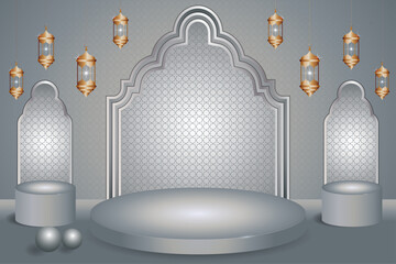 3d Islamic podium with gold arch and lanterns for product mockup display