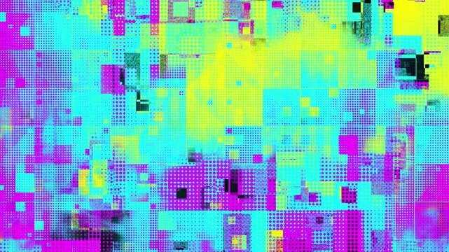 CMYK halftone error, abstract digital glitch background, vibrant neon colors, futuristic tech animation