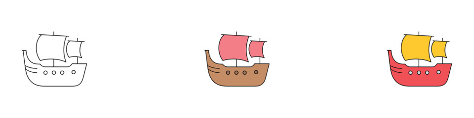 Ancient sailing ship icon set. Wooden galley or caravel symbol for maritime history, exploration, and nautical adventure design. vector illustration. © MdNurul
