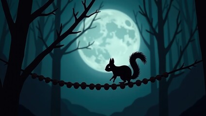 A squirrel walks along a rope bridge under a full moon in a dark forest.