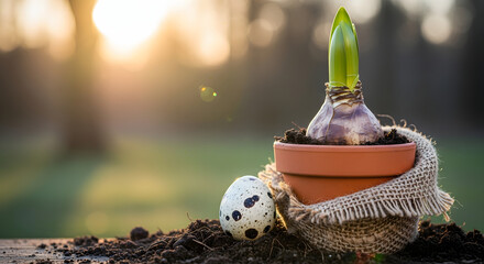 A small potted plant with a green sprout growing in soil next to an eggshell