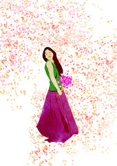 Ilustracja grafika młoda kobieta z długimi włosami i bukietem w dłoni wokół małe drobne kwiatki. © Monika