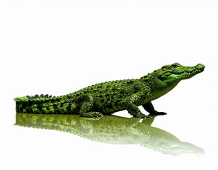 Fototapeta premium Bright Green Crocodile with Mirror Reflection. A vivid green crocodile standing on a reflective surface, creating a clear mirror-like reflection. The crocodile’s textured scales and darker patches 
