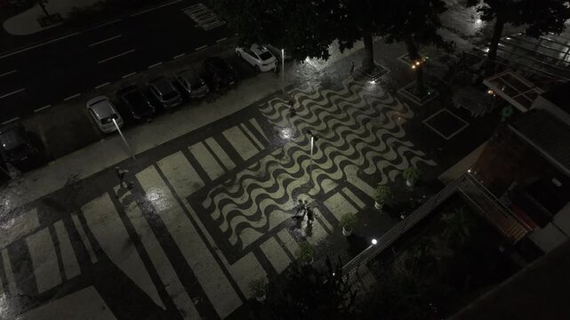 Copacabana Sidewalk Pattern In Rio de Janeiro At Night - Aerial Top View