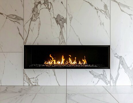 Minimalist White Marble Linear Gas Fireplace. A modern built-in linear gas fireplace set into a wall covered with large white marble tiles featuring gray veining.