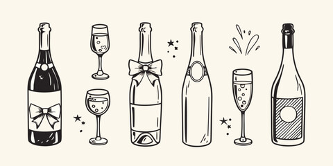 Celebratory champagne bottles and glasses in a hand drawn doodle style © Ajay