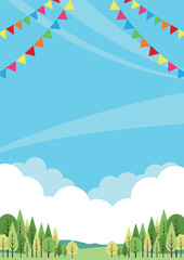 キャンプ場背景、縦、旗、かわいい、イラスト