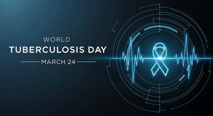 Obraz premium World Tuberculosis Day Digital Interface with Heartbeat Line and Ribbon Icon on Dark Blue Background