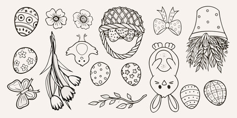 A collection of hand drawn easter illustrations in black and white