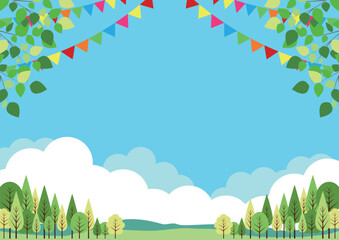 キャンプ場背景、横、旗、かわいい、イラスト