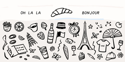 Parisian themed doodle collection with croissants eiffel tower and french phrases © Ajay
