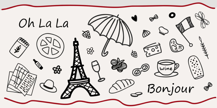 Parisian themed doodles with umbrellas eiffel tower and handwritten text