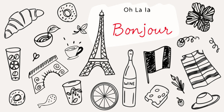 A collection of hand drawn french themed doodles and illustrations
