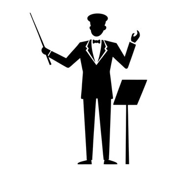 Orchestra Conductor Silhouette Leading Symphony Vector on White Background.