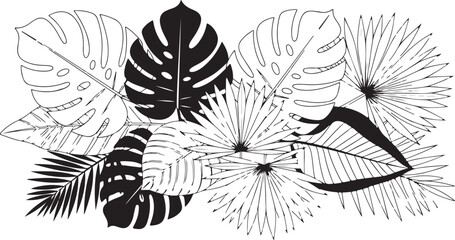 A black and white illustration of various tropical leaves © Adiba