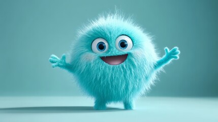 Fototapeta premium A cheerful light blue fuzzy cartoon creature with big eyes and a smile standing with arms raised in a playful pose against a matching blue background conveying happiness
