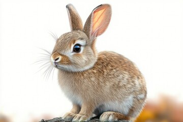 Obraz premium fluffy brown baby rabbit sitting alert on a rock with soft blurred autumn leaves in the background, looking curious and gentle