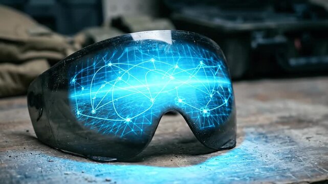 Futuristic military goggle eyewear visor glass ai warfare concept with autonomous drone swarm control hologram interface network glow on rustic dusty workbench in tactical army workshop scene