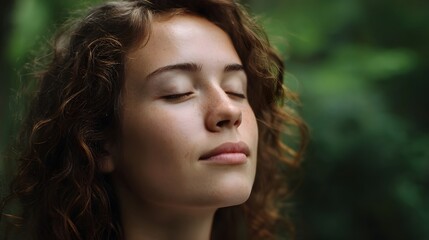 A serene young woman with eyes closed breathes deeply in a lush green natural environment