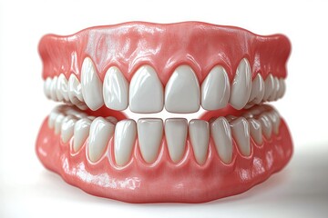 Obraz premium close-up glossy full set of upper and lower dentures with white teeth and pink gums, clinical clean appearance conveying hygiene and confidence
