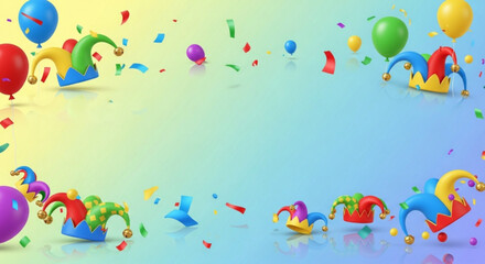 Fototapeta premium Vibrant party background with colorful balloons confetti and jester hats on a gradient
