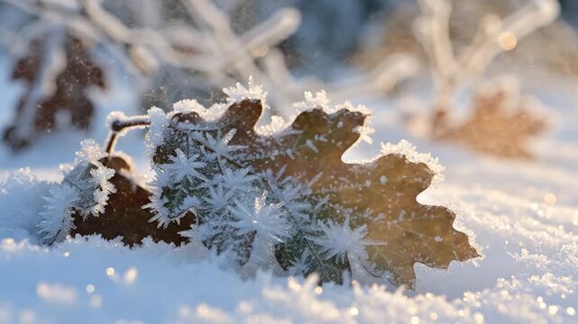 Frosted oak leaf covered in delicate ice crystals lying on fresh snow