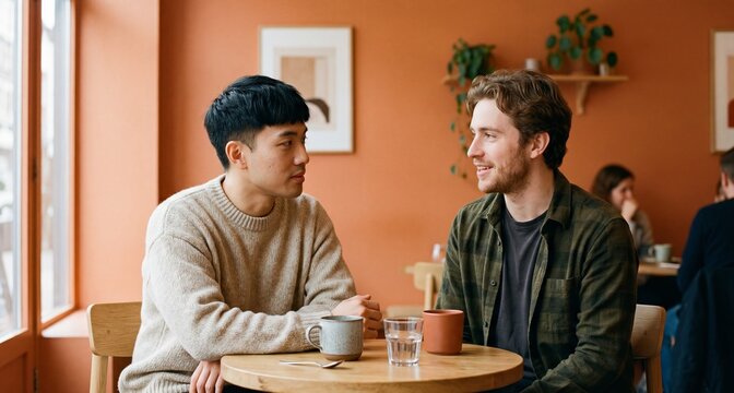 Two friends having a safe conversation at a cafe with orange walls  