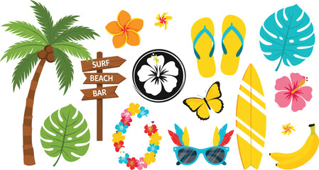 Tropical Beach Illustration Set with Palm Tree, Surfboard, Flip Flops, Hibiscus Flowers, Butterfly, Banana, and Surf Bar Signage © Afjal12