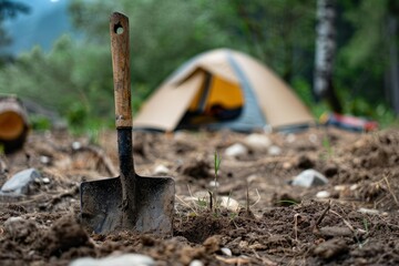 Small shovel stuck in ground near campsite with tent in background, ready for digging