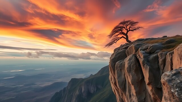 bluff. Lone tree growing at the edge of a steep cliff against a dramatic sky. travel magazines, destination branding, designed for travel destination branding, used by art directors.