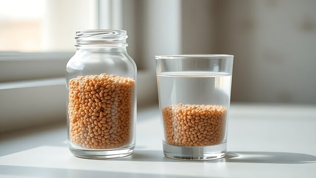 smalltalk. Clear glass jar with brown seeds beside water, natural light on minimalist surface. bar promotions, beverage menus, designed for food & beverage menus and cafe branding.