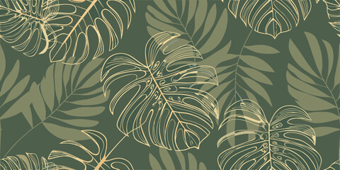 Elegant tropical monstera leaves pattern in gold and olive green © Suvro