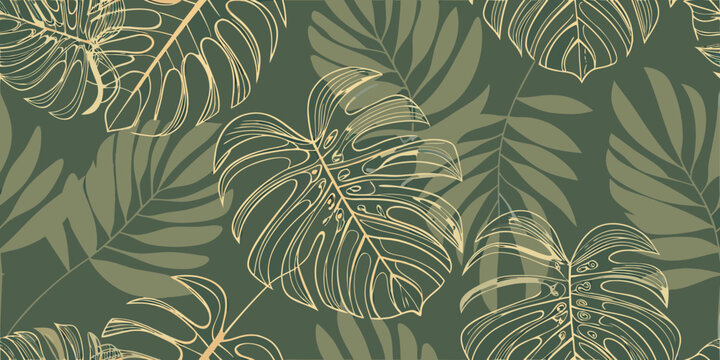 Elegant tropical monstera leaves pattern in gold and olive green