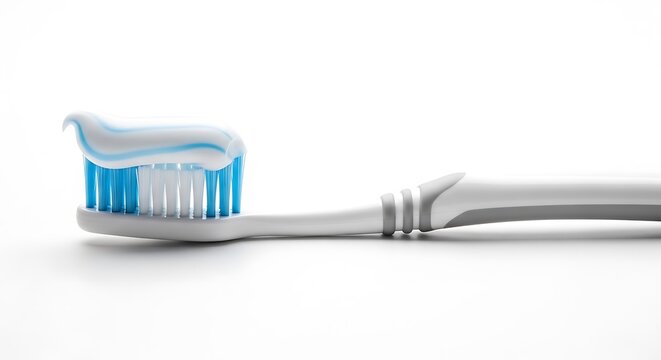 A close-up of a toothbrush with toothpaste against a white background, highlighting dental care