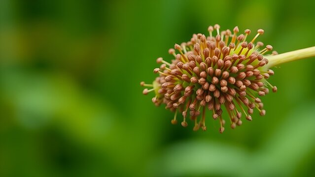 plantago. Extreme close-up of a plantago plant's spike covered in tiny brown seeds. gardening catalogs, home-decor guides, designed for gardening and botanical catalogs, used by art directors.