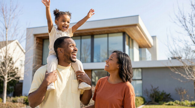 Happy African American Family with Daughter on Shoulders in Front of Modern Luxury House, New Homeowner Success, Wealthy Family Celebrating Real Estate Investment and New Life