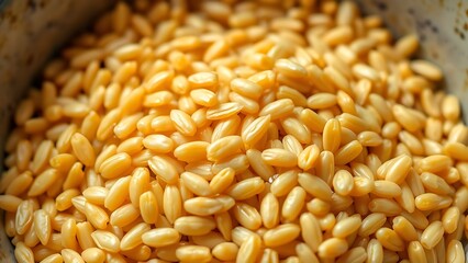 kamut. Close-up of a bowl containing cooked grains, highlighting their elongated shape. menu design, packaging mockups, designed for culinary blogs and recipe cards for restaurants.