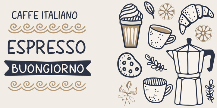 Italian coffee illustration featuring espresso croissants and coffee makers