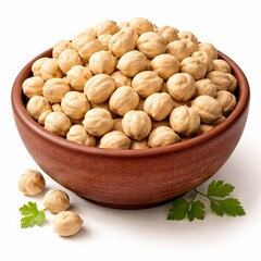 Fototapeta premium A semi-realistic 3D angled illustration of a terracotta bowl overflowing with chickpeas. With bowl curvature, matte ceramic texture, layered beans with depth variation, warm earthy color palette