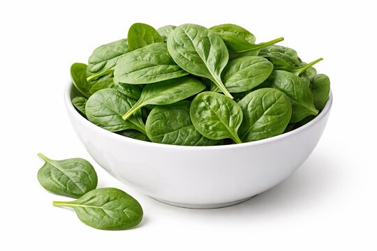 A 3D semi-realistic white bowl filled with fresh baby spinach leaves. With crisp leaf texture, visible veins, and vibrant green tones. Strong dimensional layering, clean white background