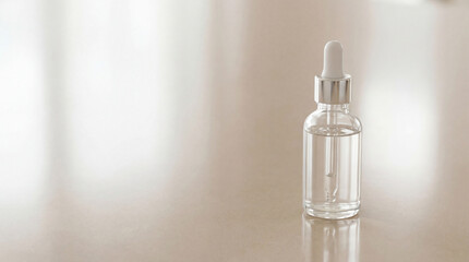 Minimal serum bottle on soft background. Clear glass dropper serum with copy space for skincare branding, for womensday promo, springsale ads, clean beauty concept, studio light, ecommerce use