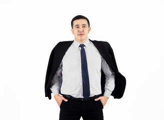 Serious businessman looking at camera on white background