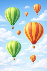 Obraz premium Multiple colorful hot air balloons floating in blue sky with scattered clouds, green and red striped balloon designs, different sizes for depth perspective, peaceful travel concept